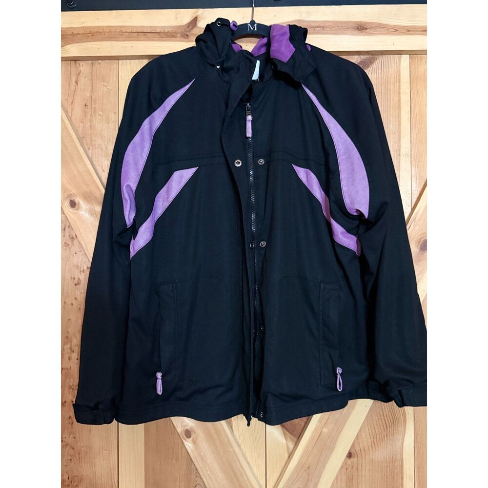 Y2K Black Purple Colorblock Hooded Softshell Jacket Fleece Lined XL Cold Utility
